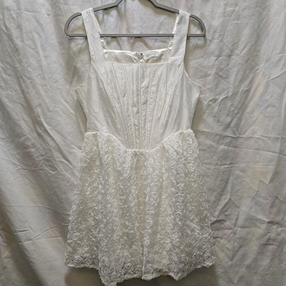 Storia White Corset 3D Floral Ribbon Sleeveless Mini Dress Large Satin Coquette